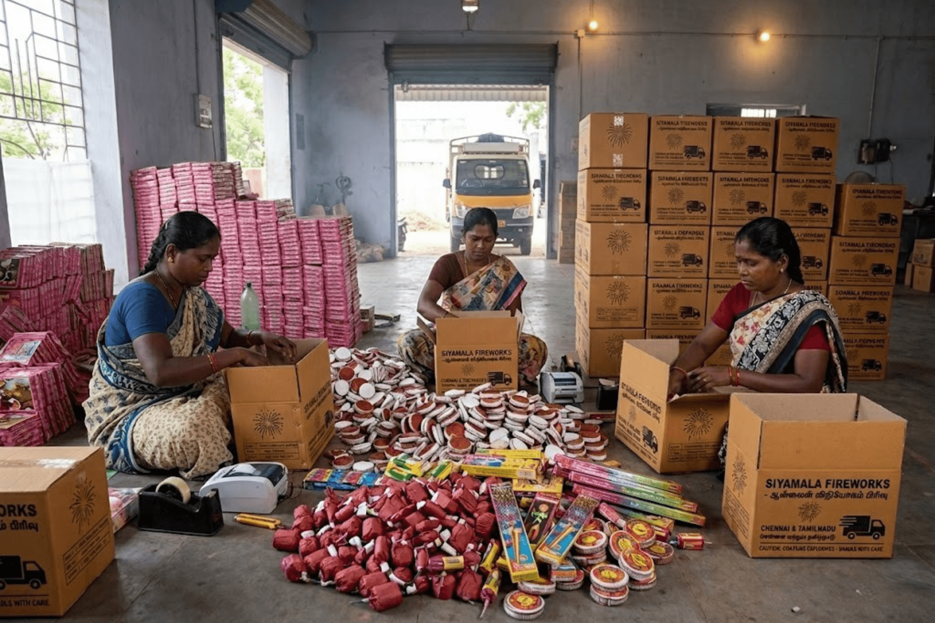 Online order dispatch from Sivakasi to Chennai — packed boxes