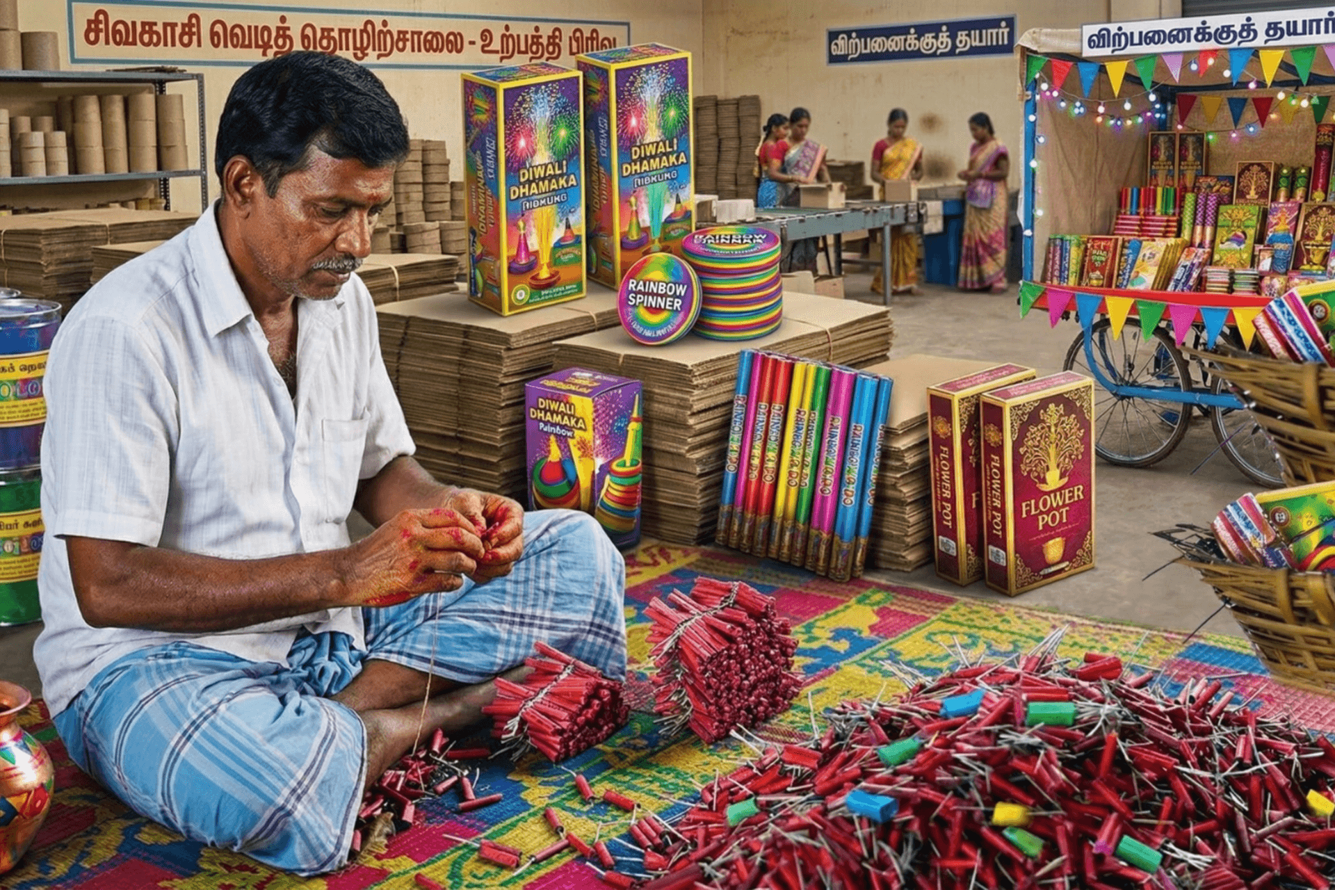 Sivakasi fireworks factory — production floor and packaged goods