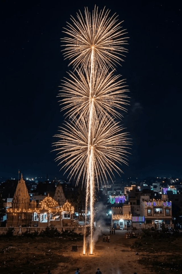 Triple burst rocket — Diwali sky display from Sivakasi